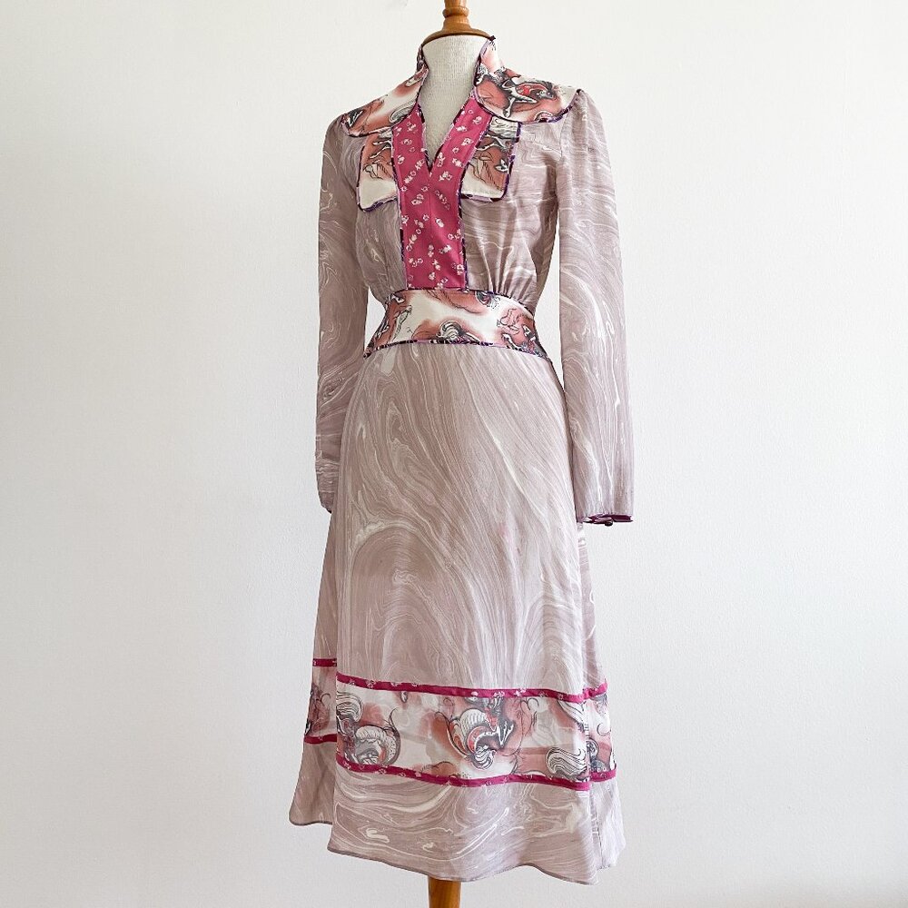 Clements Ribeiro Silk Marbled Applique Dress England